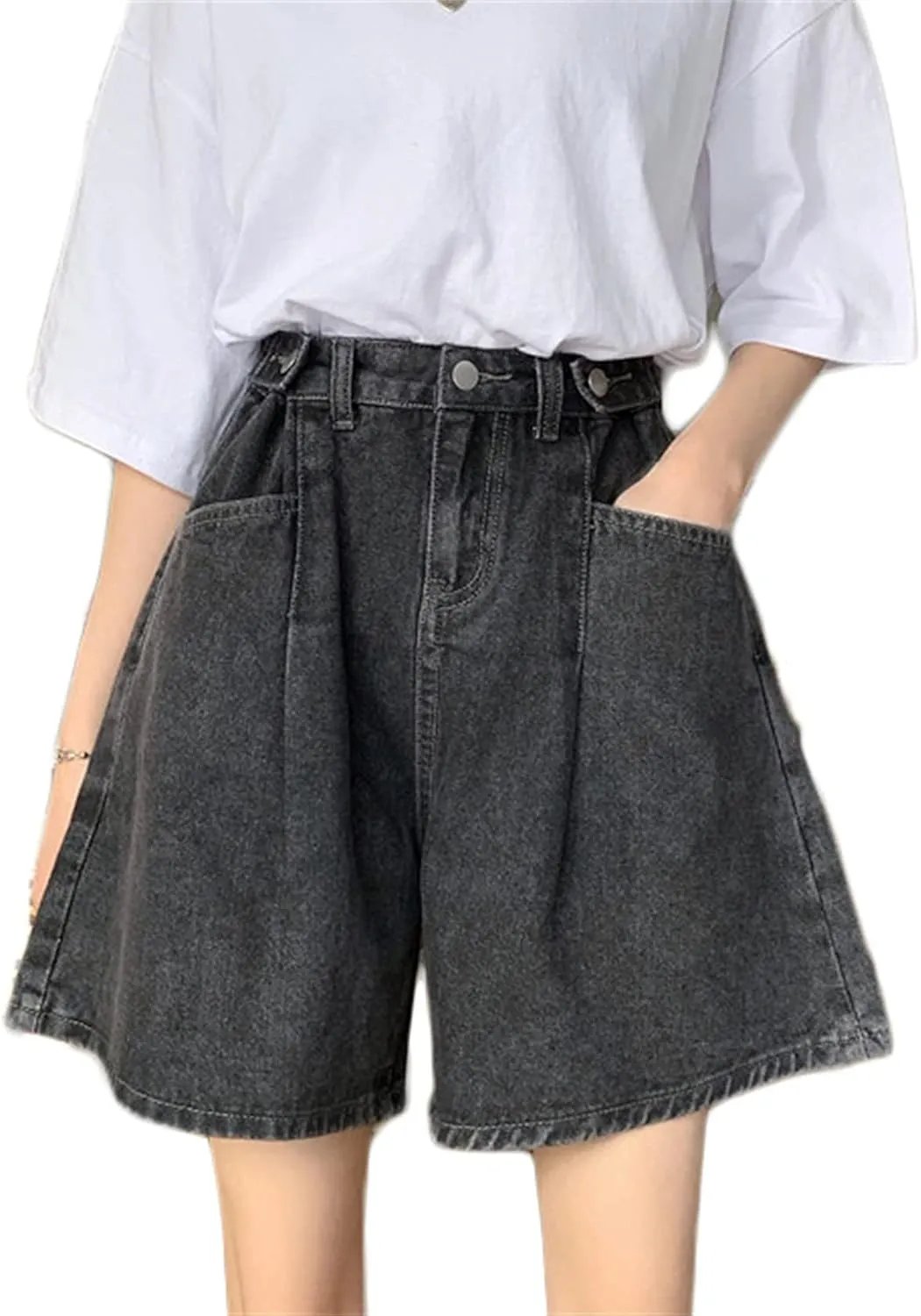 Andongnywell Women's High Waist Denim Shorts Hem Wide Leg Casual Jean Wide-Leg Short Trousers with Pockets
