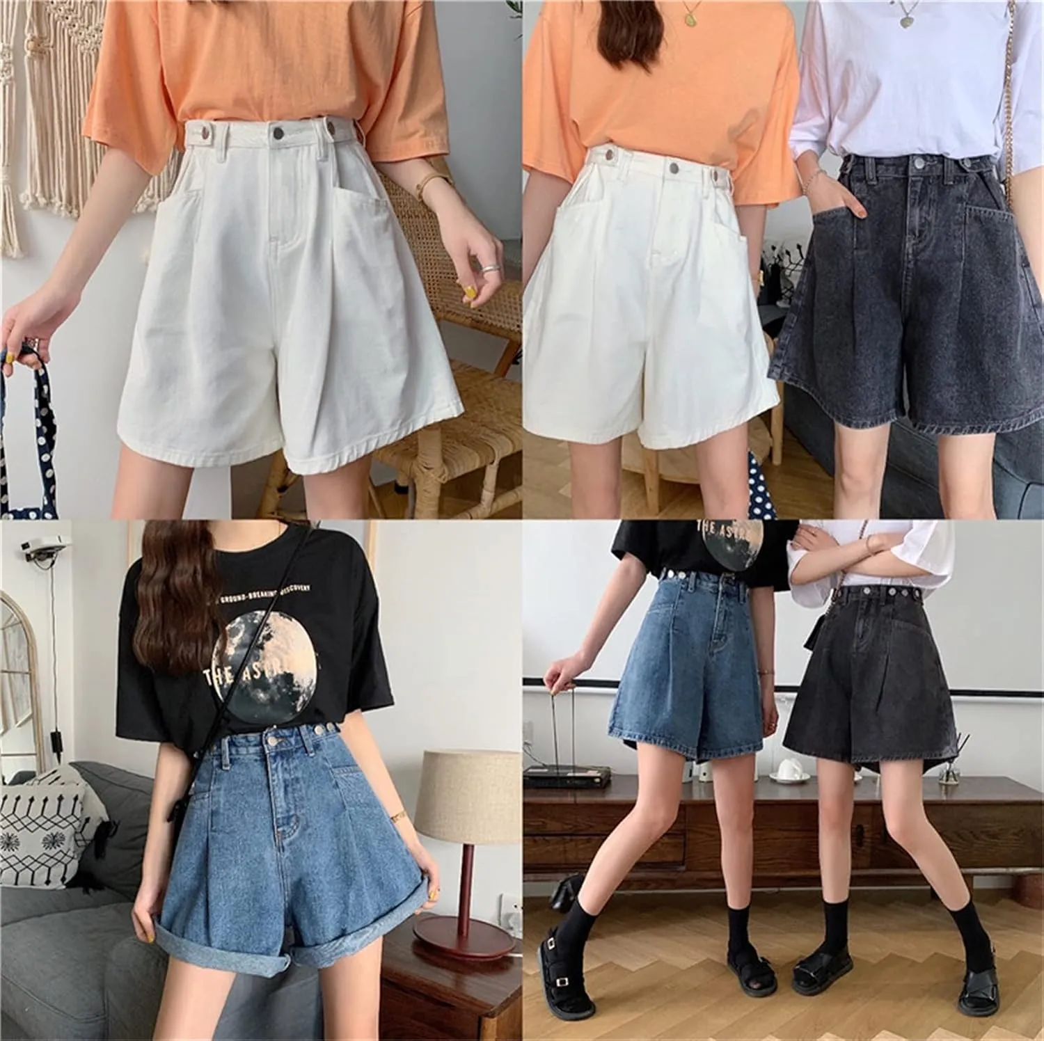 Andongnywell Women's High Waist Denim Shorts Hem Wide Leg Casual Jean Wide-Leg Short Trousers with Pockets