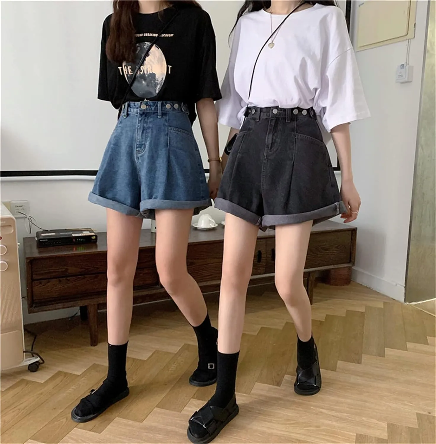 Andongnywell Women's High Waist Denim Shorts Hem Wide Leg Casual Jean Wide-Leg Short Trousers with Pockets