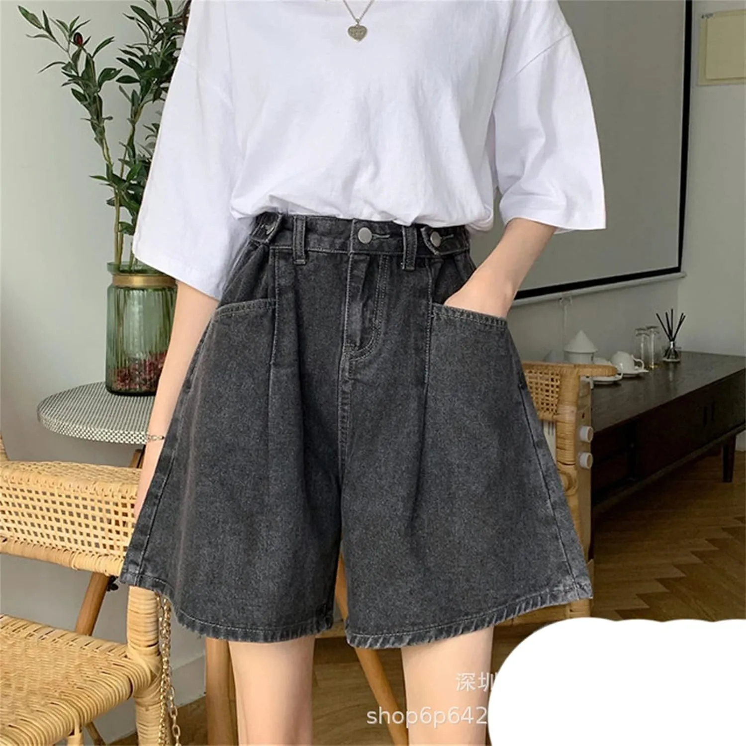 Andongnywell Women's High Waist Denim Shorts Hem Wide Leg Casual Jean Wide-Leg Short Trousers with Pockets