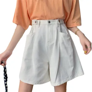 Andongnywell Women's High Waist Denim Shorts Hem Wide Leg Casual Jean Wide-Leg Short Trousers with Pockets