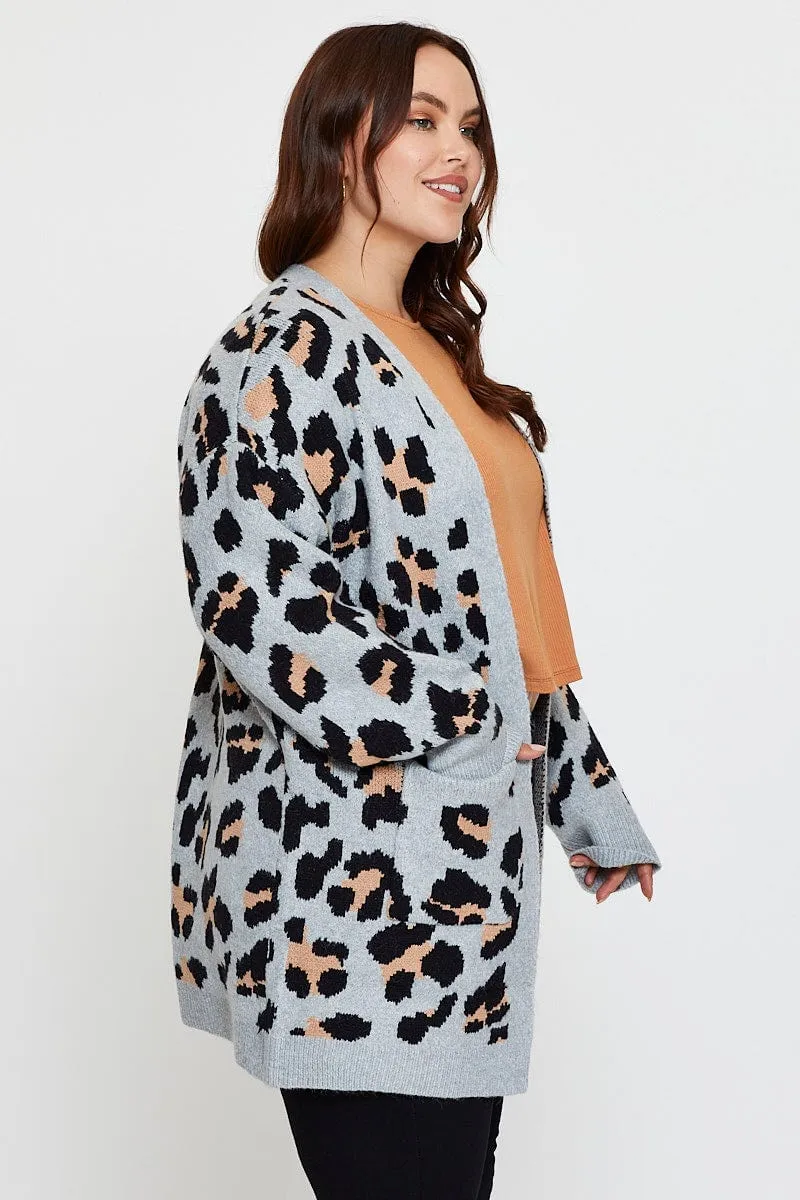 Animal Print Knit Cardigan Long Sleeve Longline