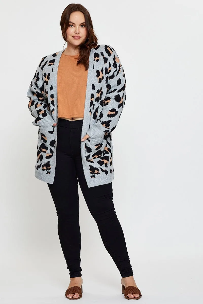 Animal Print Knit Cardigan Long Sleeve Longline