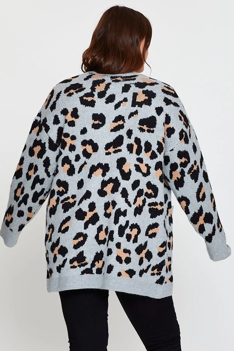 Animal Print Knit Cardigan Long Sleeve Longline