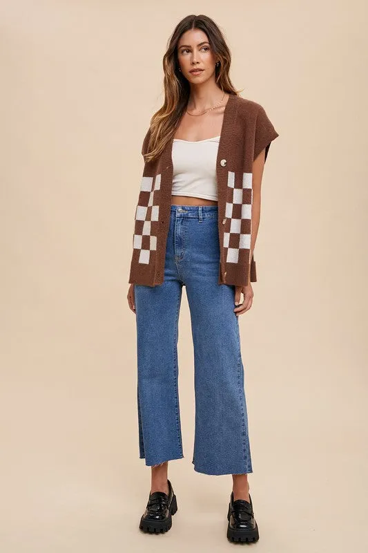 Annie Wear Dark Brown Checkered Button Down Short Sleeve Cardigan
