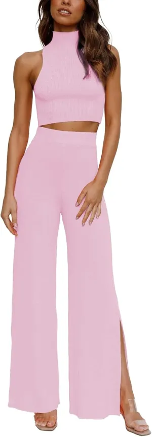 ARTFREE Womens 2 Piece Outfits Sets Casual Sweatsuits Streetwear, Ribbed Knit Palazzo Wide Leg Pants and Cropped Tops