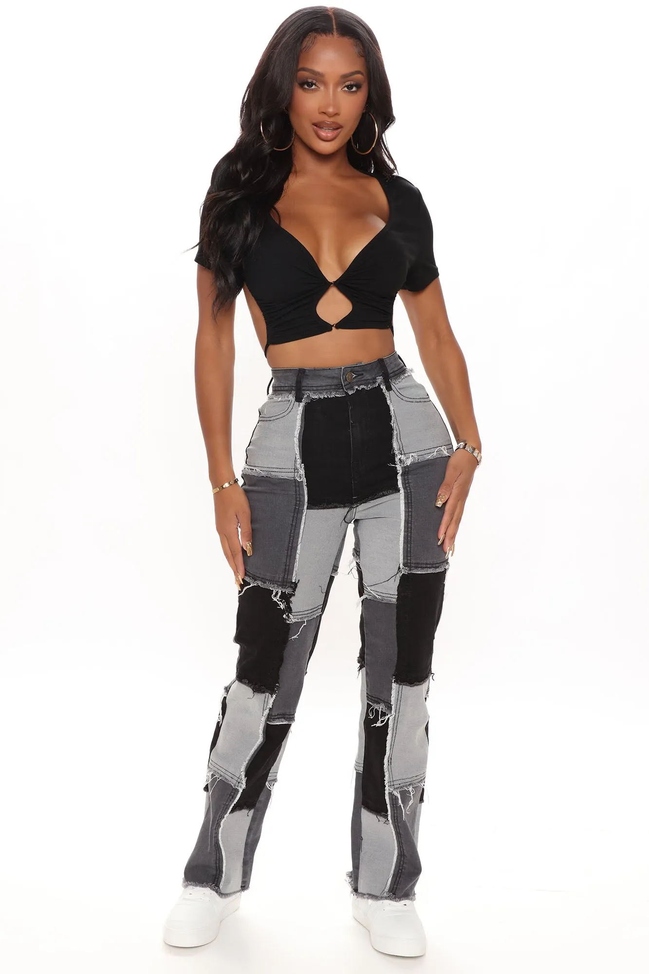 Back Together Patchwork Straight Leg Jeans - Black/combo