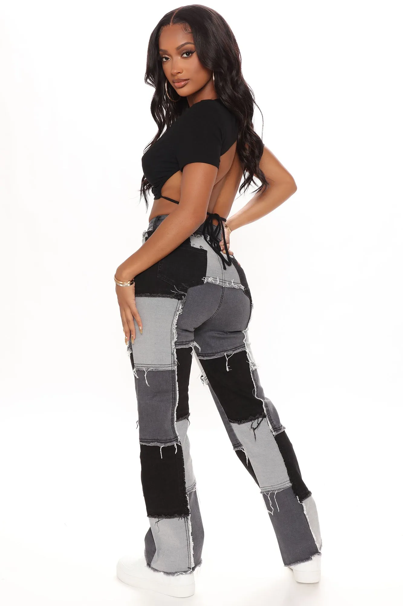 Back Together Patchwork Straight Leg Jeans - Black/combo