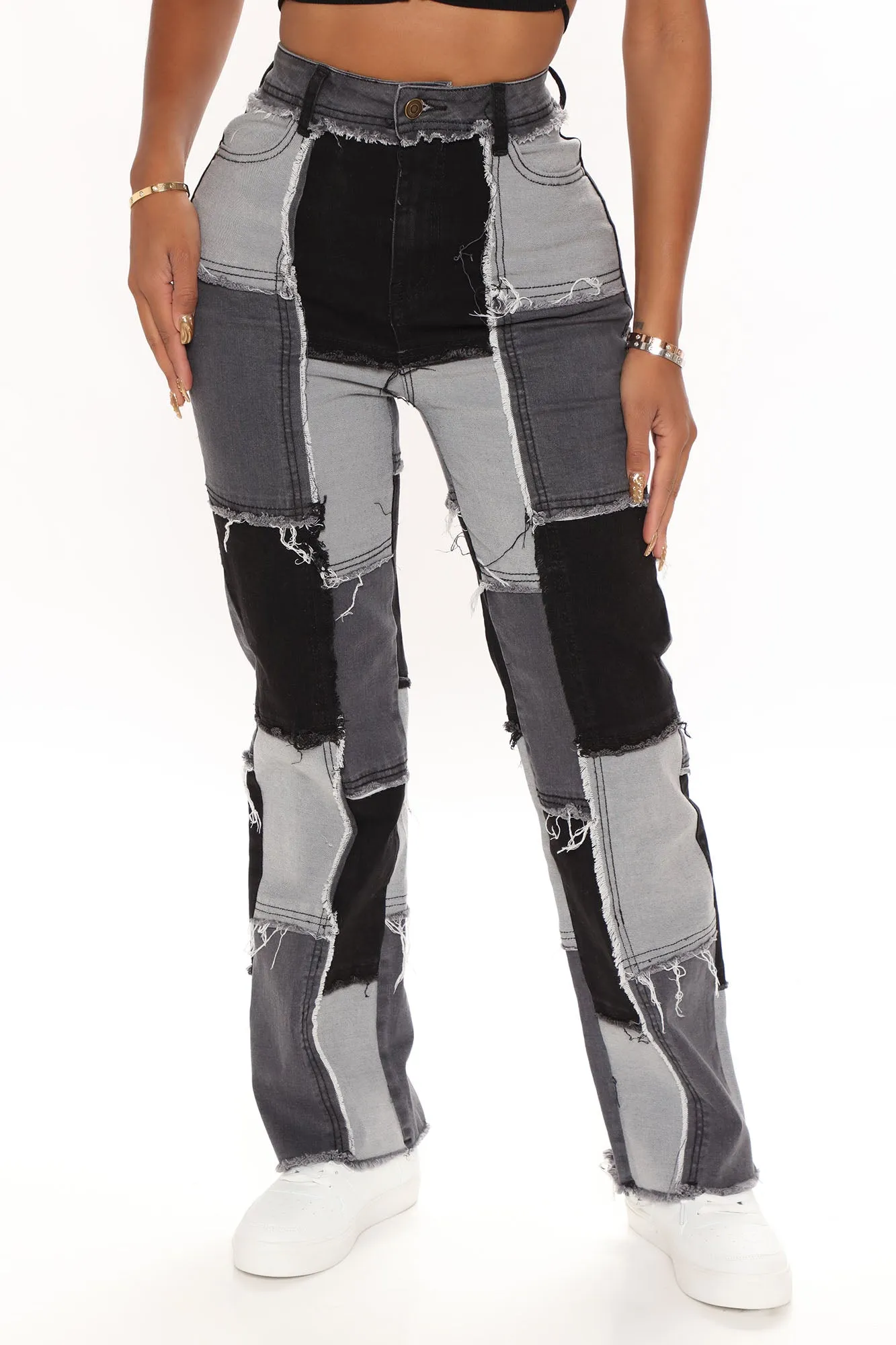 Back Together Patchwork Straight Leg Jeans - Black/combo