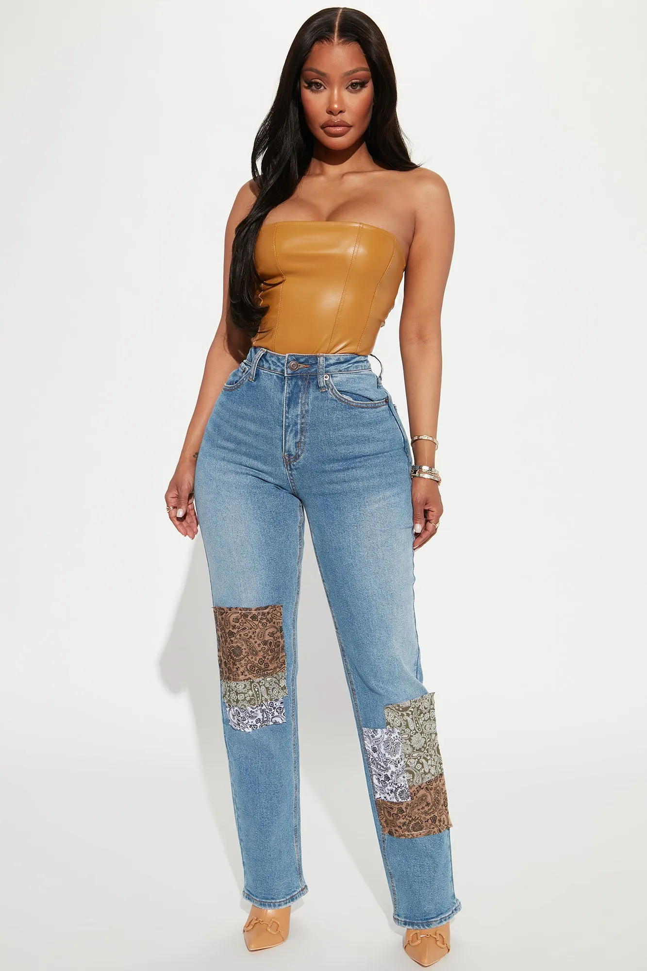 Bandana Patchwork Straight Leg Jeans - Medium Blue Wash