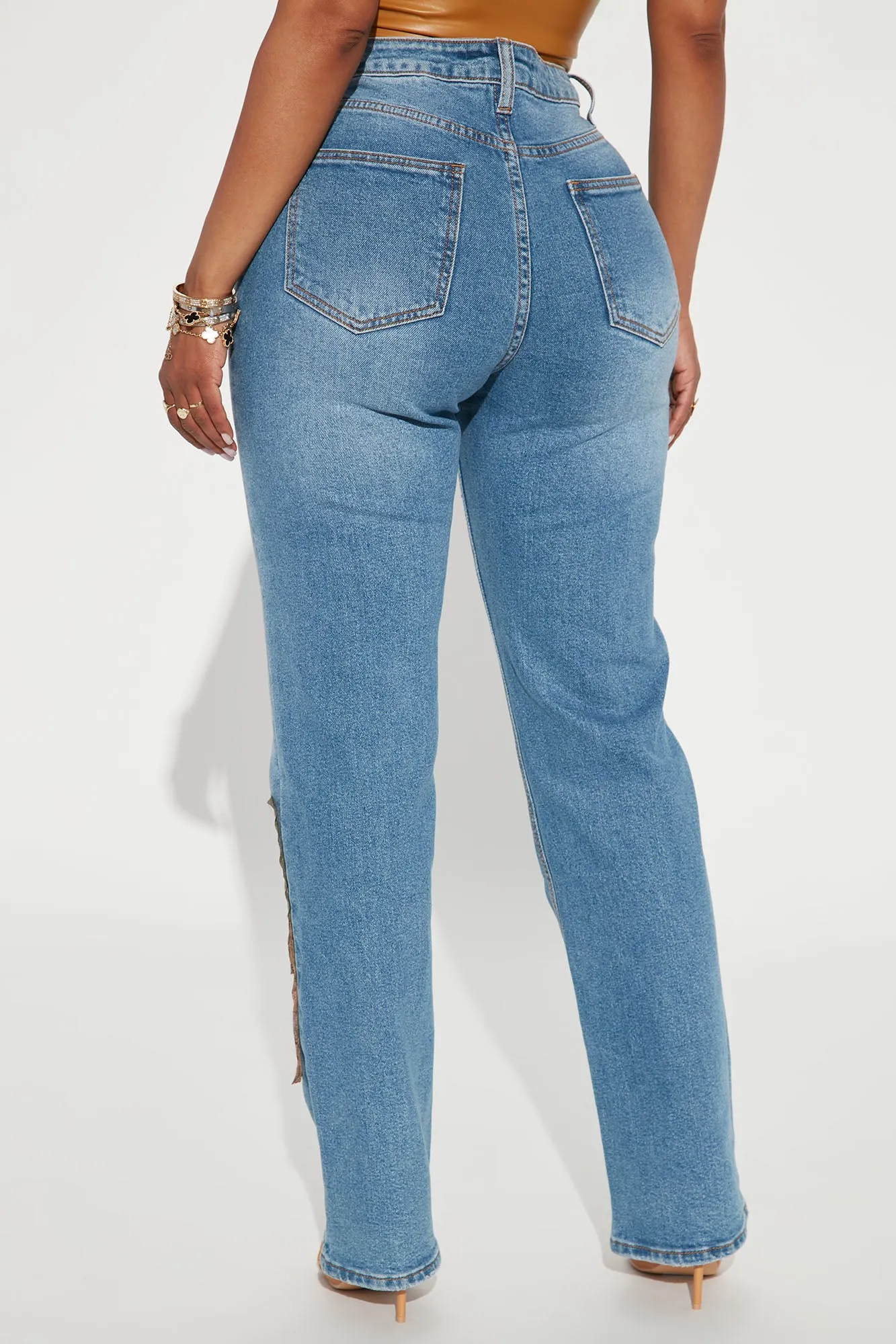 Bandana Patchwork Straight Leg Jeans - Medium Blue Wash