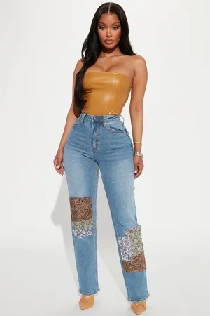 Bandana Patchwork Straight Leg Jeans - Medium Blue Wash