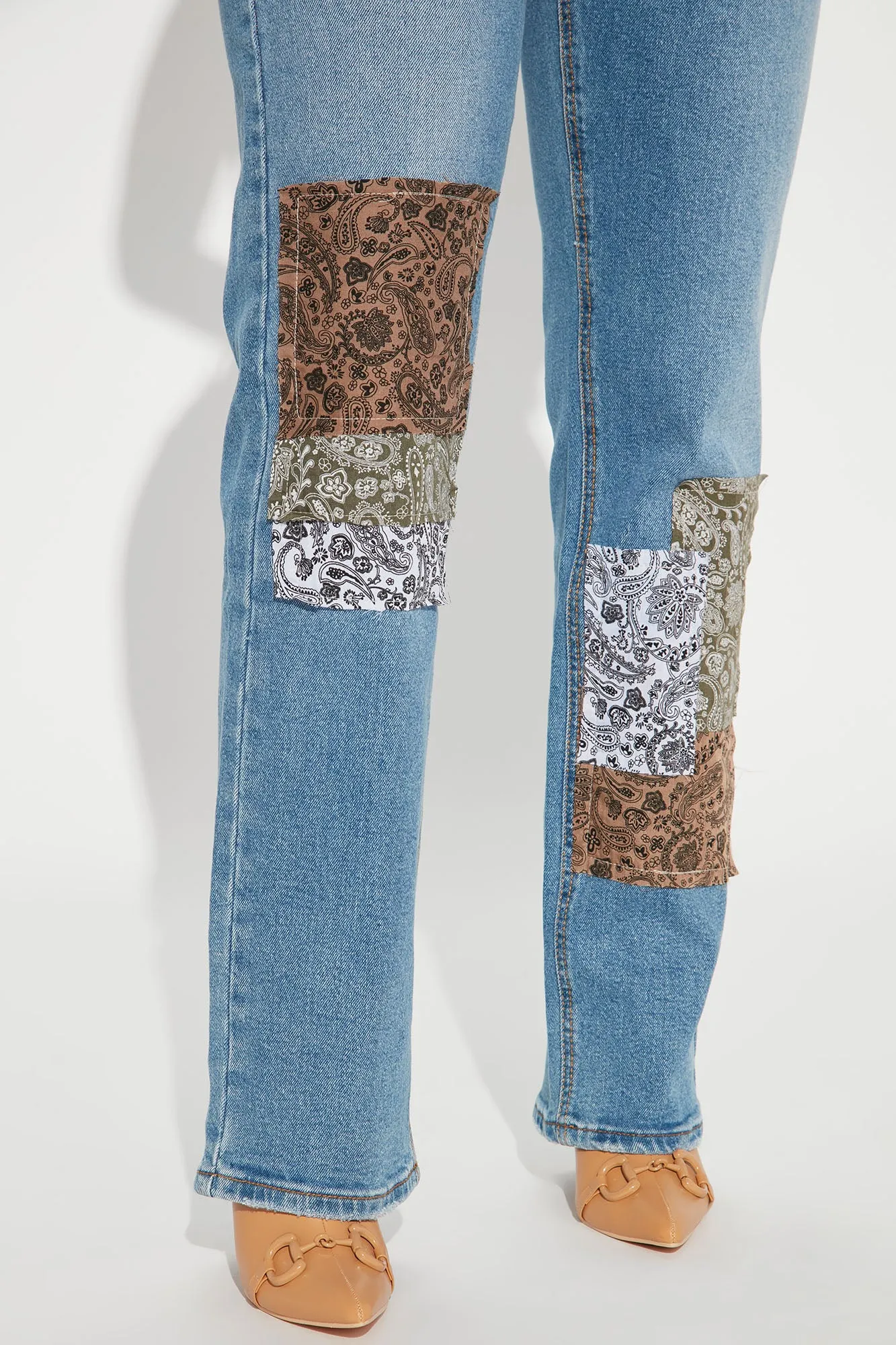 Bandana Patchwork Straight Leg Jeans - Medium Blue Wash