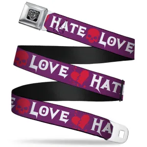 BD Wings Logo CLOSE-UP Full Color Black Silver Seatbelt Belt - Love/Hate Purple/White/Fuchsia Webbing