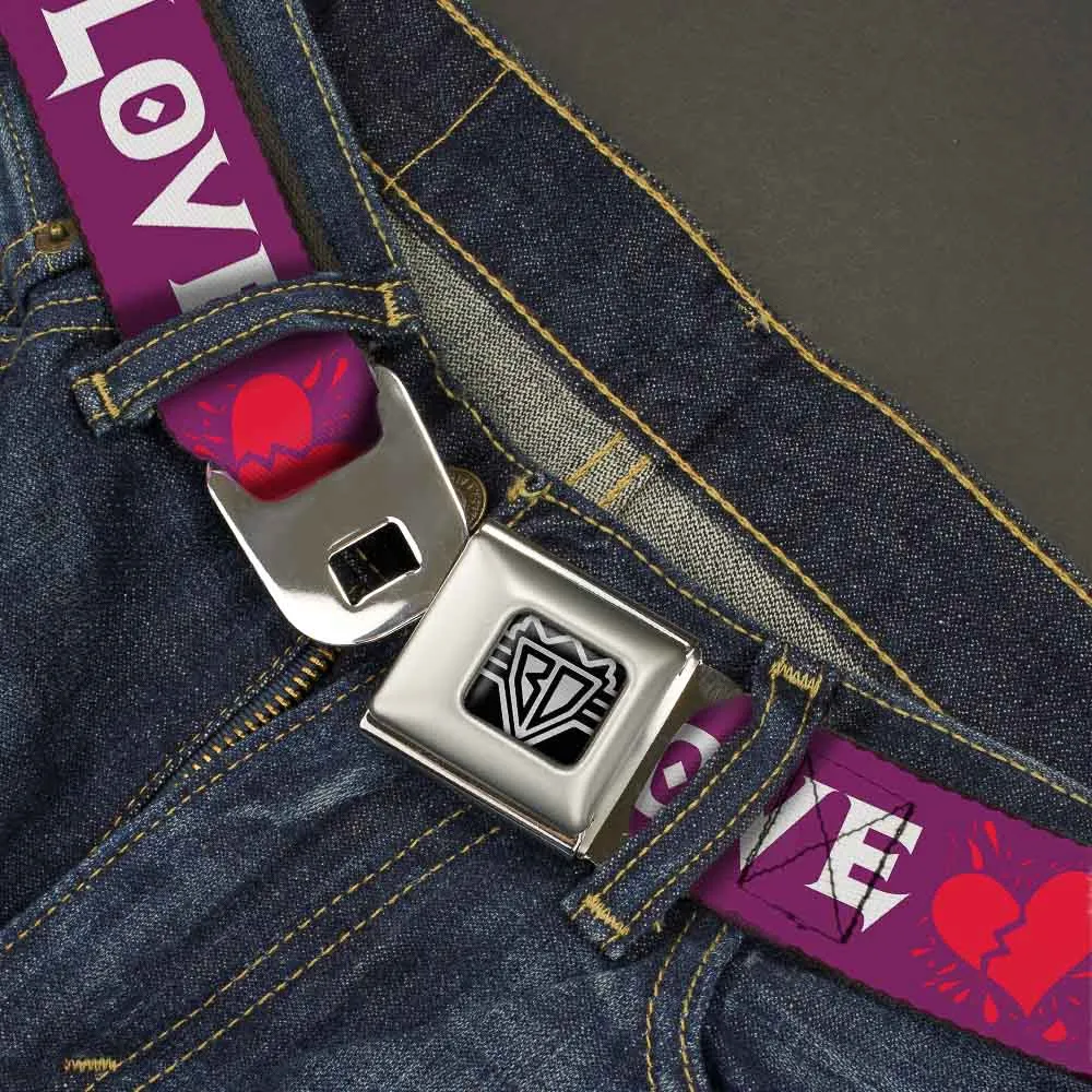 BD Wings Logo CLOSE-UP Full Color Black Silver Seatbelt Belt - Love/Hate Purple/White/Fuchsia Webbing