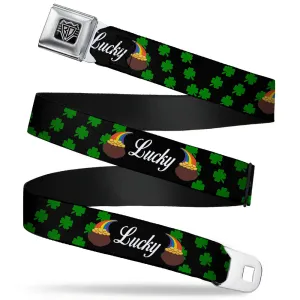 BD Wings Logo CLOSE-UP Full Color Black Silver Seatbelt Belt - St. Pat's LUCKY Pot of Gold/Shamrocks Scattered Black/Green/White Webbing
