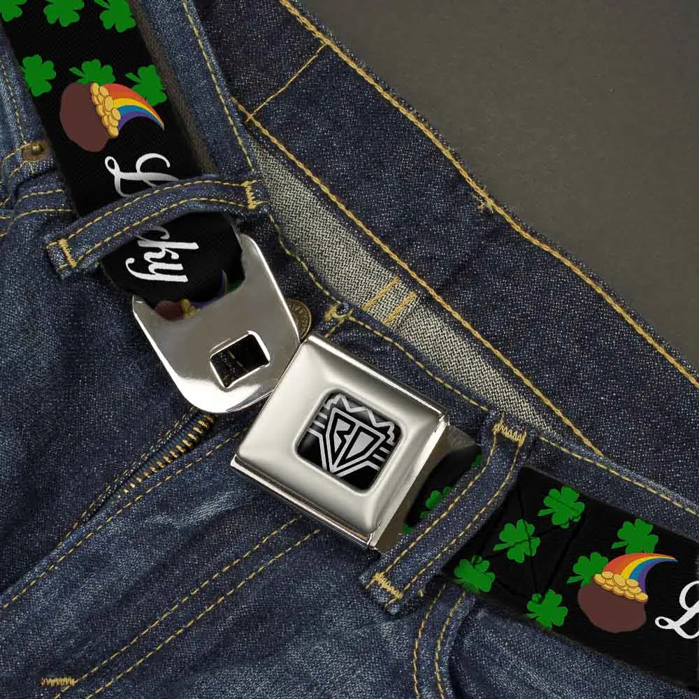 BD Wings Logo CLOSE-UP Full Color Black Silver Seatbelt Belt - St. Pat's LUCKY Pot of Gold/Shamrocks Scattered Black/Green/White Webbing