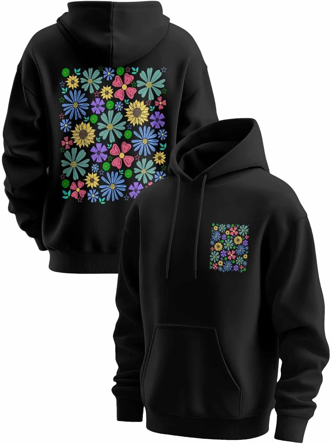 BEMIGO Hooded Sweatshirt Women Floral Cozy Black/White Sweatshirt with Oversized Front Pocket Colorful Printed Trendy Tops
