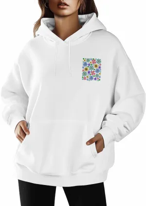 BEMIGO Hooded Sweatshirt Women Floral Cozy Black/White Sweatshirt with Oversized Front Pocket Colorful Printed Trendy Tops