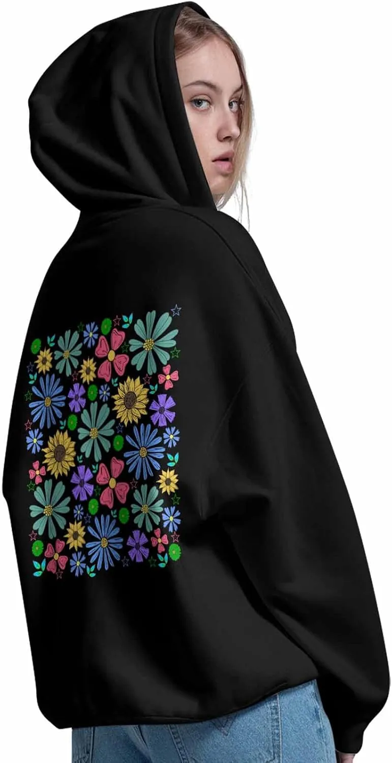 BEMIGO Hooded Sweatshirt Women Floral Cozy Black/White Sweatshirt with Oversized Front Pocket Colorful Printed Trendy Tops