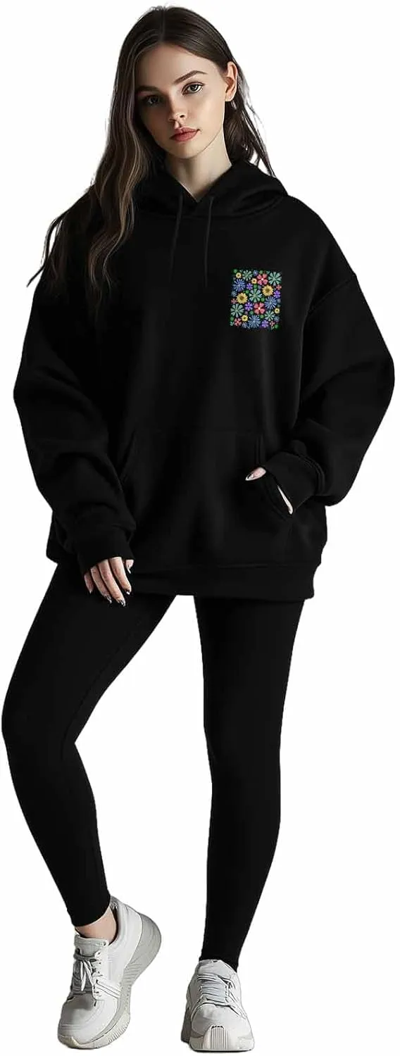 BEMIGO Hooded Sweatshirt Women Floral Cozy Black/White Sweatshirt with Oversized Front Pocket Colorful Printed Trendy Tops