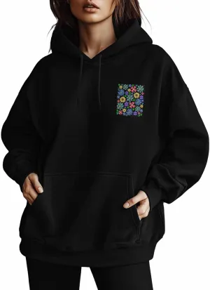 BEMIGO Hooded Sweatshirt Women Floral Cozy Black/White Sweatshirt with Oversized Front Pocket Colorful Printed Trendy Tops