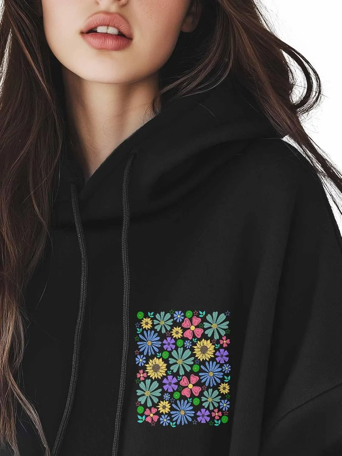 BEMIGO Hooded Sweatshirt Women Floral Cozy Black/White Sweatshirt with Oversized Front Pocket Colorful Printed Trendy Tops