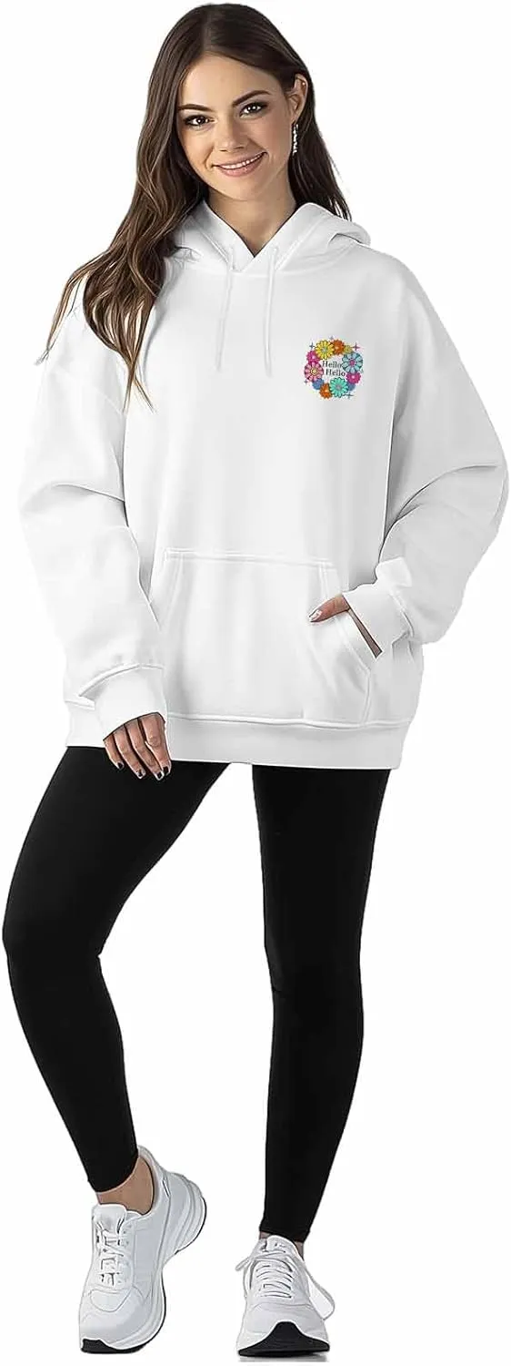 BEMIGO Hooded Sweatshirt Women Floral Cozy Black/White Sweatshirt with Oversized Front Pocket Flower Printed Trendy Tops