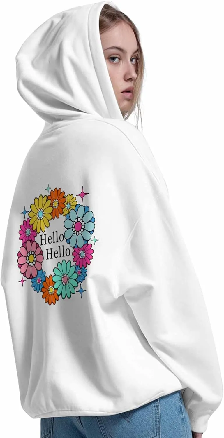 BEMIGO Hooded Sweatshirt Women Floral Cozy Black/White Sweatshirt with Oversized Front Pocket Flower Printed Trendy Tops