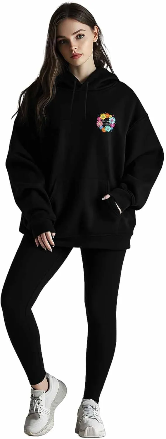BEMIGO Hooded Sweatshirt Women Floral Cozy Black/White Sweatshirt with Oversized Front Pocket Flower Printed Trendy Tops