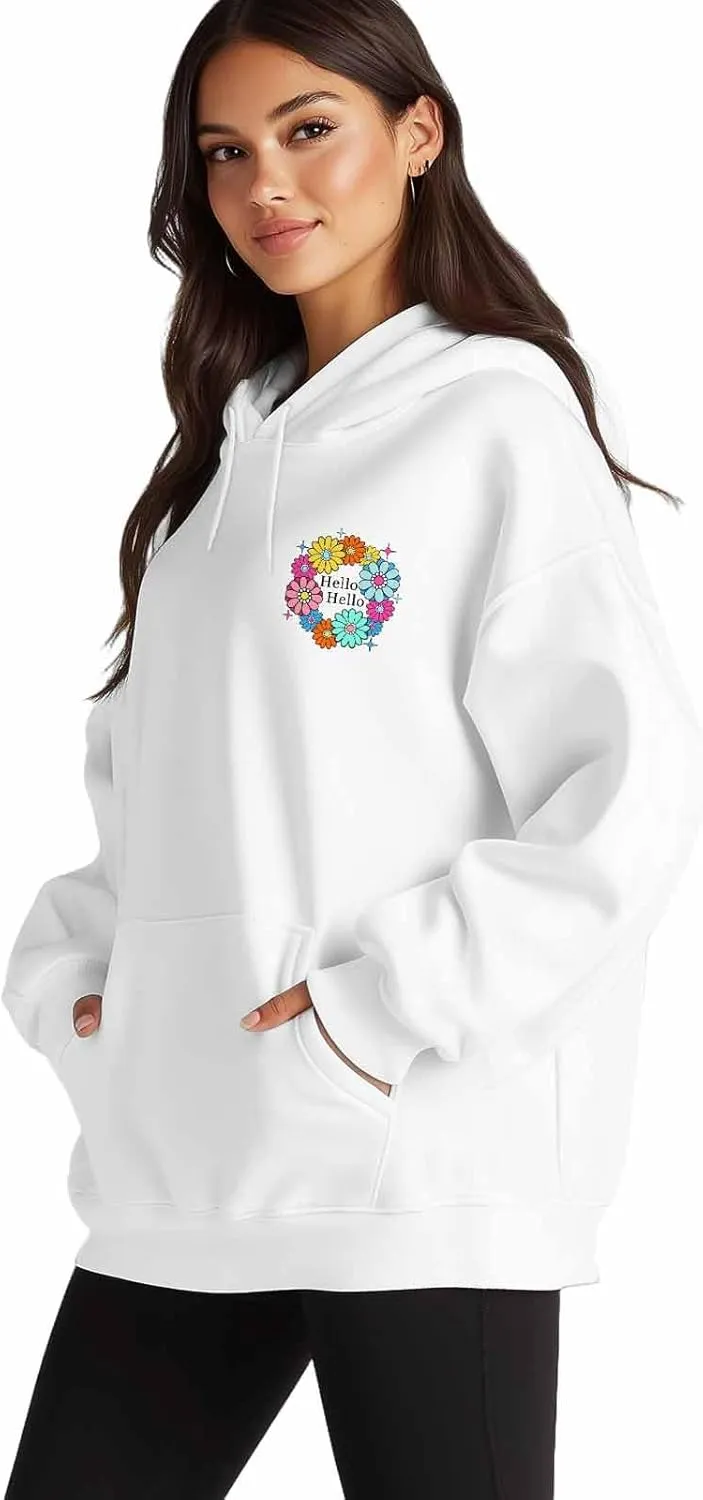 BEMIGO Hooded Sweatshirt Women Floral Cozy Black/White Sweatshirt with Oversized Front Pocket Flower Printed Trendy Tops