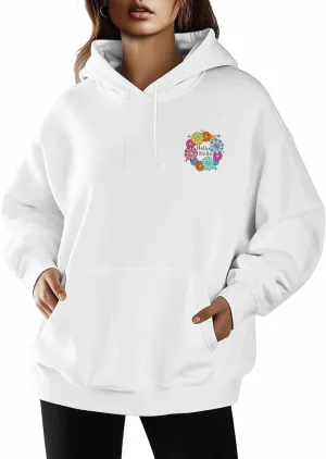 BEMIGO Hooded Sweatshirt Women Floral Cozy Black/White Sweatshirt with Oversized Front Pocket Flower Printed Trendy Tops