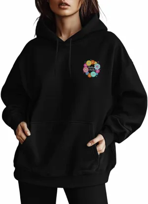 BEMIGO Hooded Sweatshirt Women Floral Cozy Black/White Sweatshirt with Oversized Front Pocket Flower Printed Trendy Tops