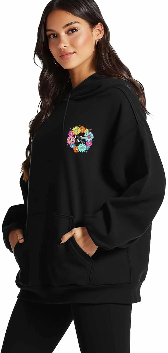 BEMIGO Hooded Sweatshirt Women Floral Cozy Black/White Sweatshirt with Oversized Front Pocket Flower Printed Trendy Tops