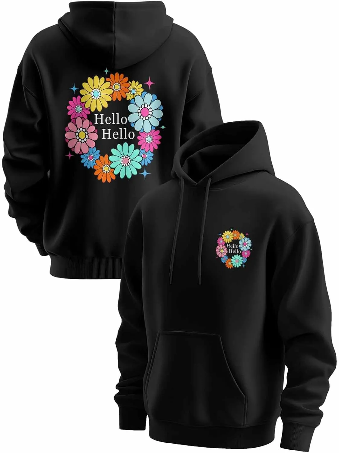 BEMIGO Hooded Sweatshirt Women Floral Cozy Black/White Sweatshirt with Oversized Front Pocket Flower Printed Trendy Tops