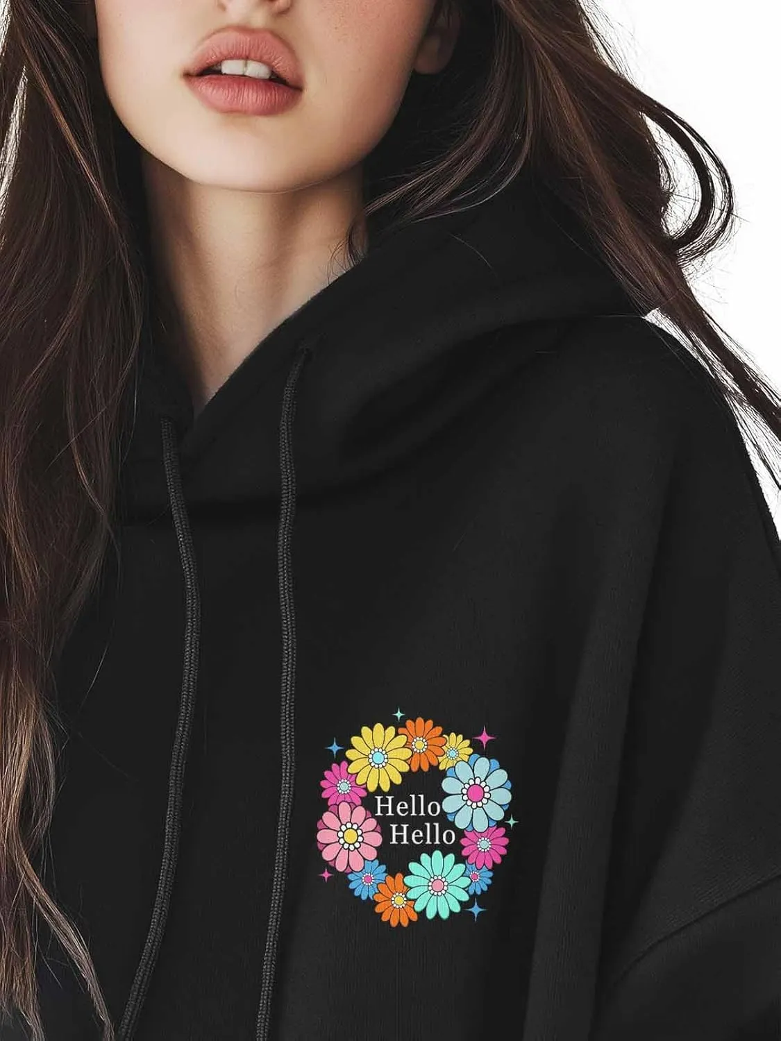BEMIGO Hooded Sweatshirt Women Floral Cozy Black/White Sweatshirt with Oversized Front Pocket Flower Printed Trendy Tops