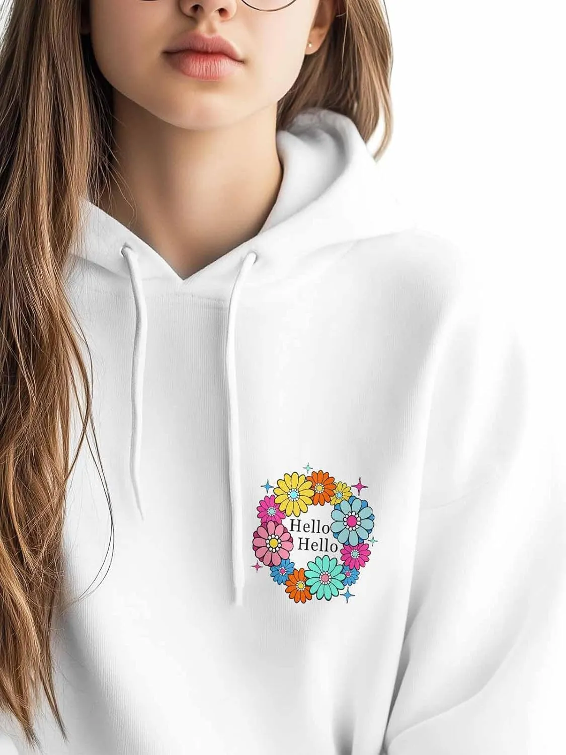 BEMIGO Hooded Sweatshirt Women Floral Cozy Black/White Sweatshirt with Oversized Front Pocket Flower Printed Trendy Tops
