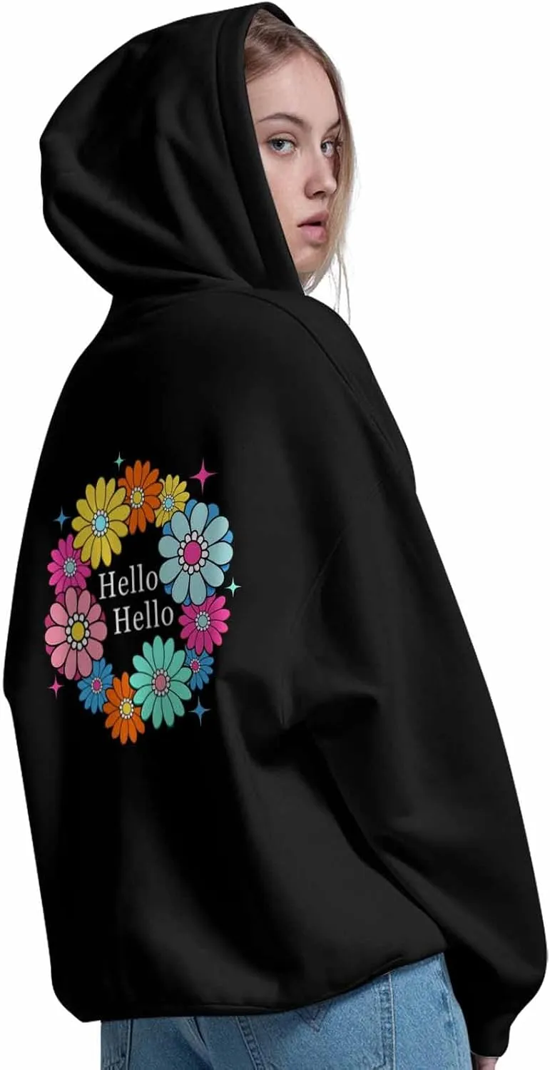 BEMIGO Hooded Sweatshirt Women Floral Cozy Black/White Sweatshirt with Oversized Front Pocket Flower Printed Trendy Tops