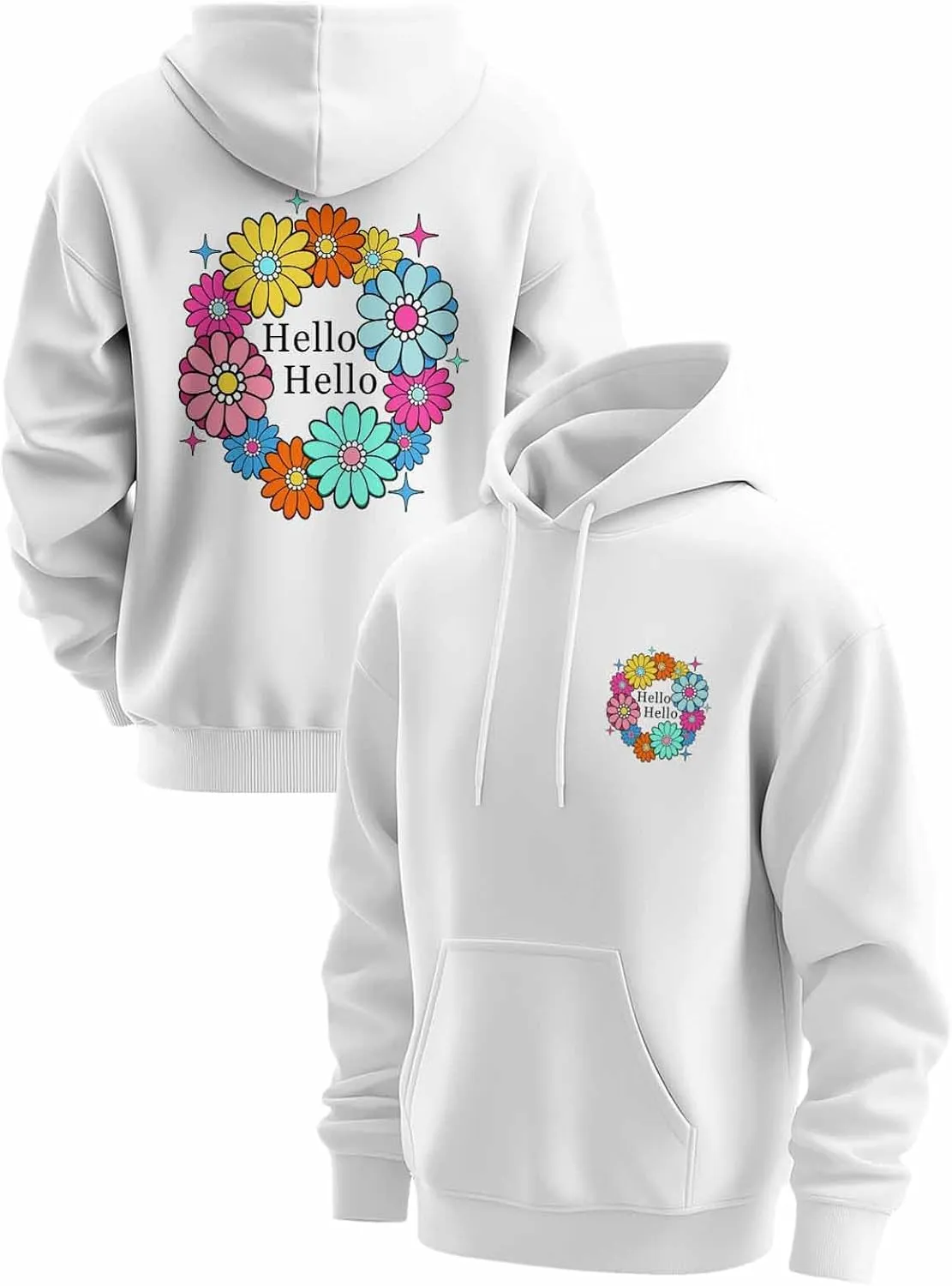 BEMIGO Hooded Sweatshirt Women Floral Cozy Black/White Sweatshirt with Oversized Front Pocket Flower Printed Trendy Tops