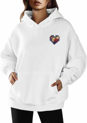 BEMIGO Hooded Sweatshirt Women Flower Cozy Black/White Sweatshirt with Oversized Front Pocket Heart Printed Trendy Tops