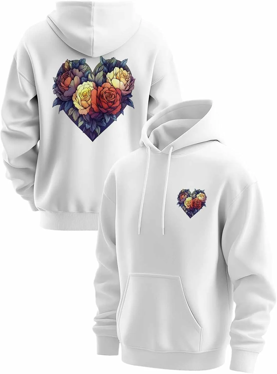 BEMIGO Hooded Sweatshirt Women Flower Cozy Black/White Sweatshirt with Oversized Front Pocket Heart Printed Trendy Tops