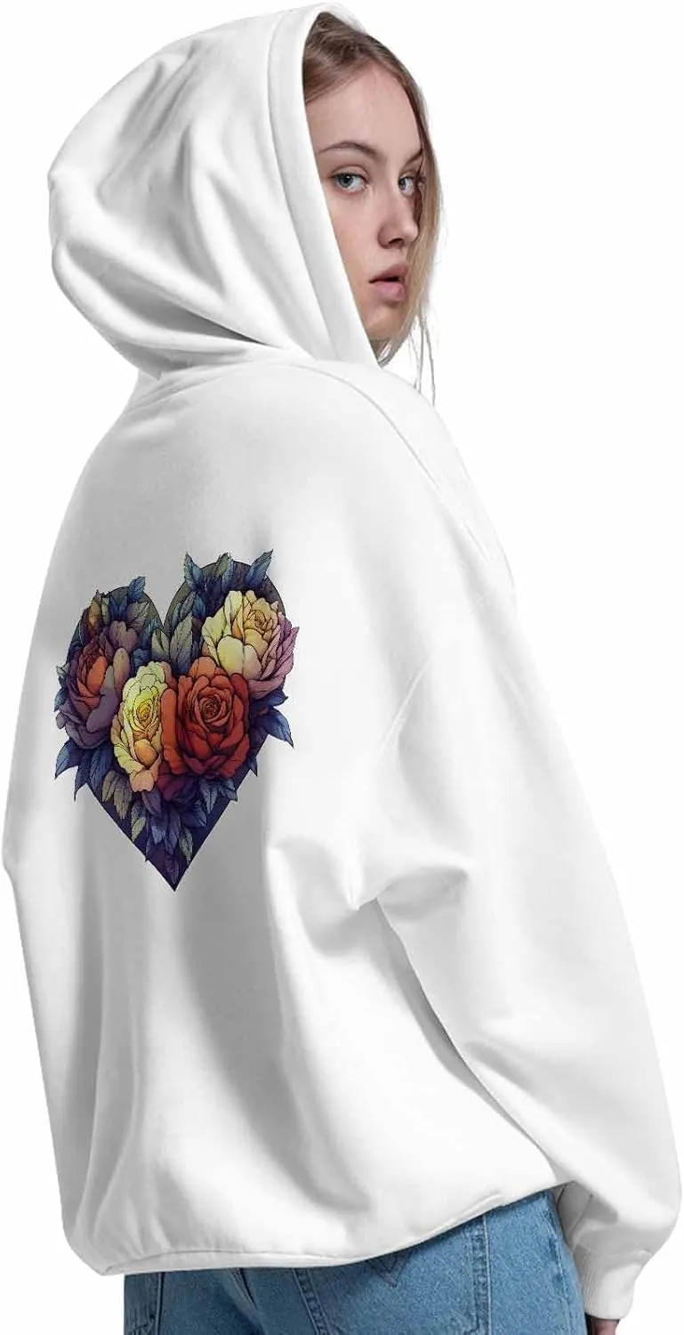 BEMIGO Hooded Sweatshirt Women Flower Cozy Black/White Sweatshirt with Oversized Front Pocket Heart Printed Trendy Tops