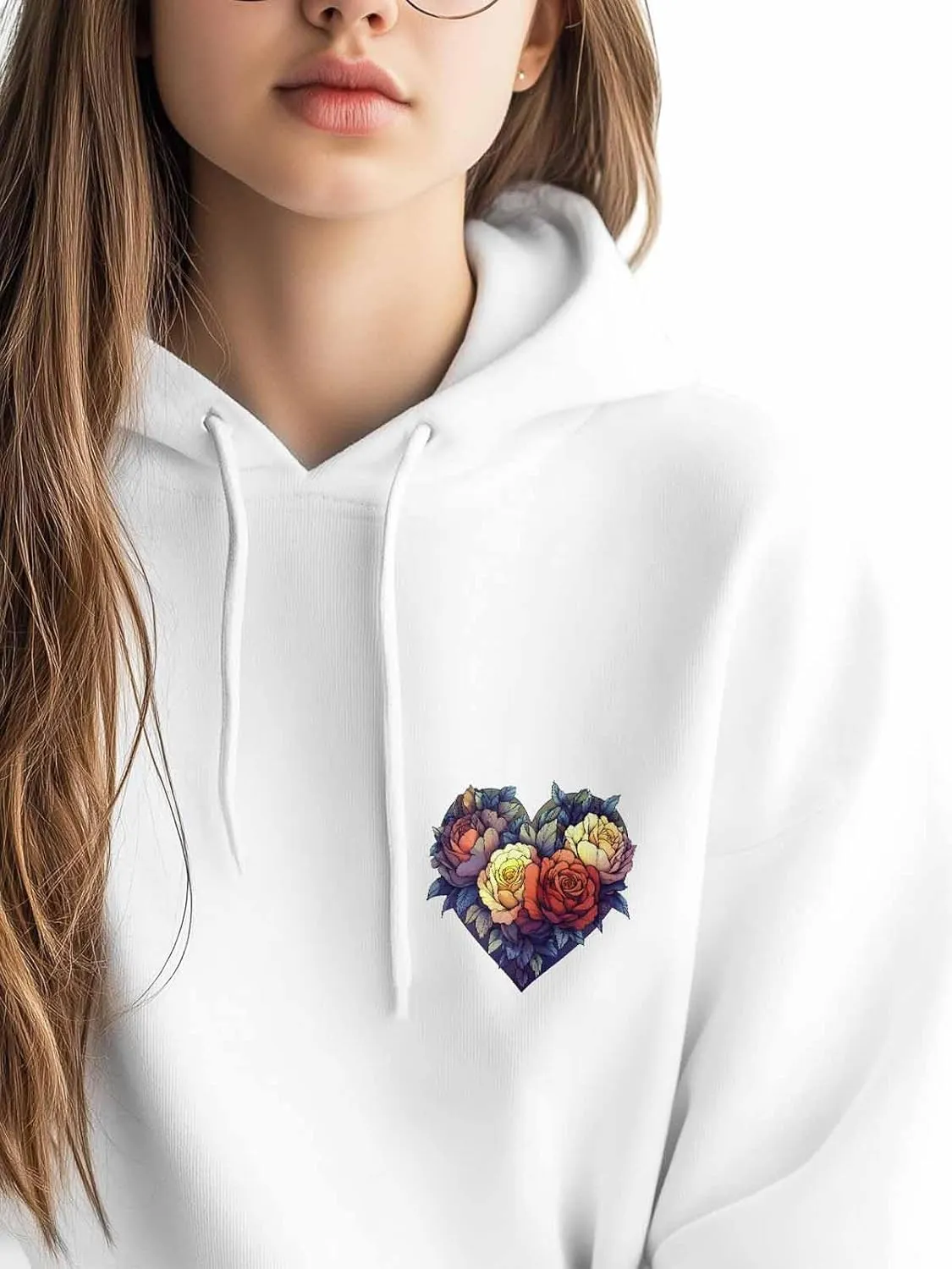 BEMIGO Hooded Sweatshirt Women Flower Cozy Black/White Sweatshirt with Oversized Front Pocket Heart Printed Trendy Tops