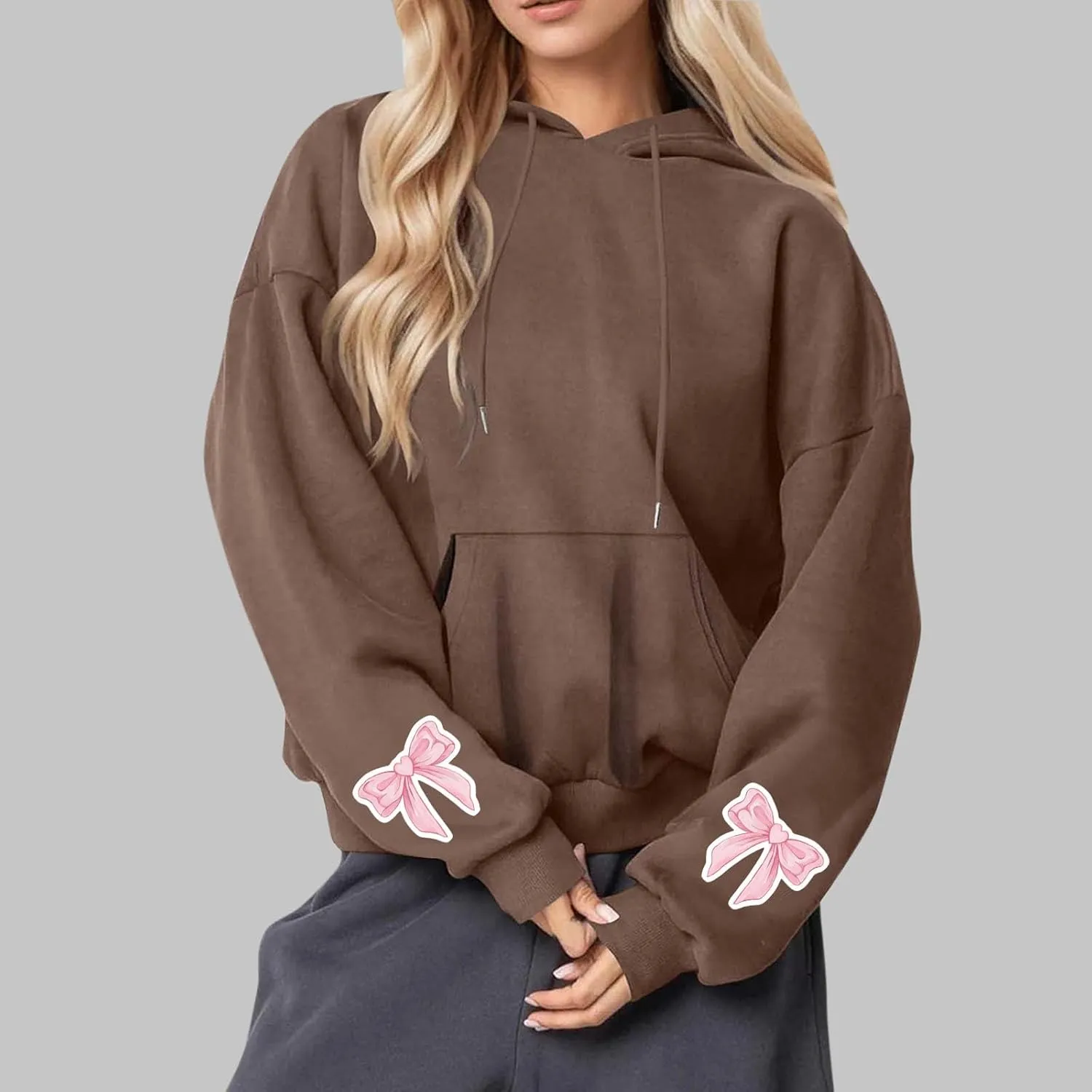 Black Hoodie Women Oversized Relaxed Pink Bow Sleeve Casual Fleece Pullover Hooded Sweatshirt Streetwear Essential