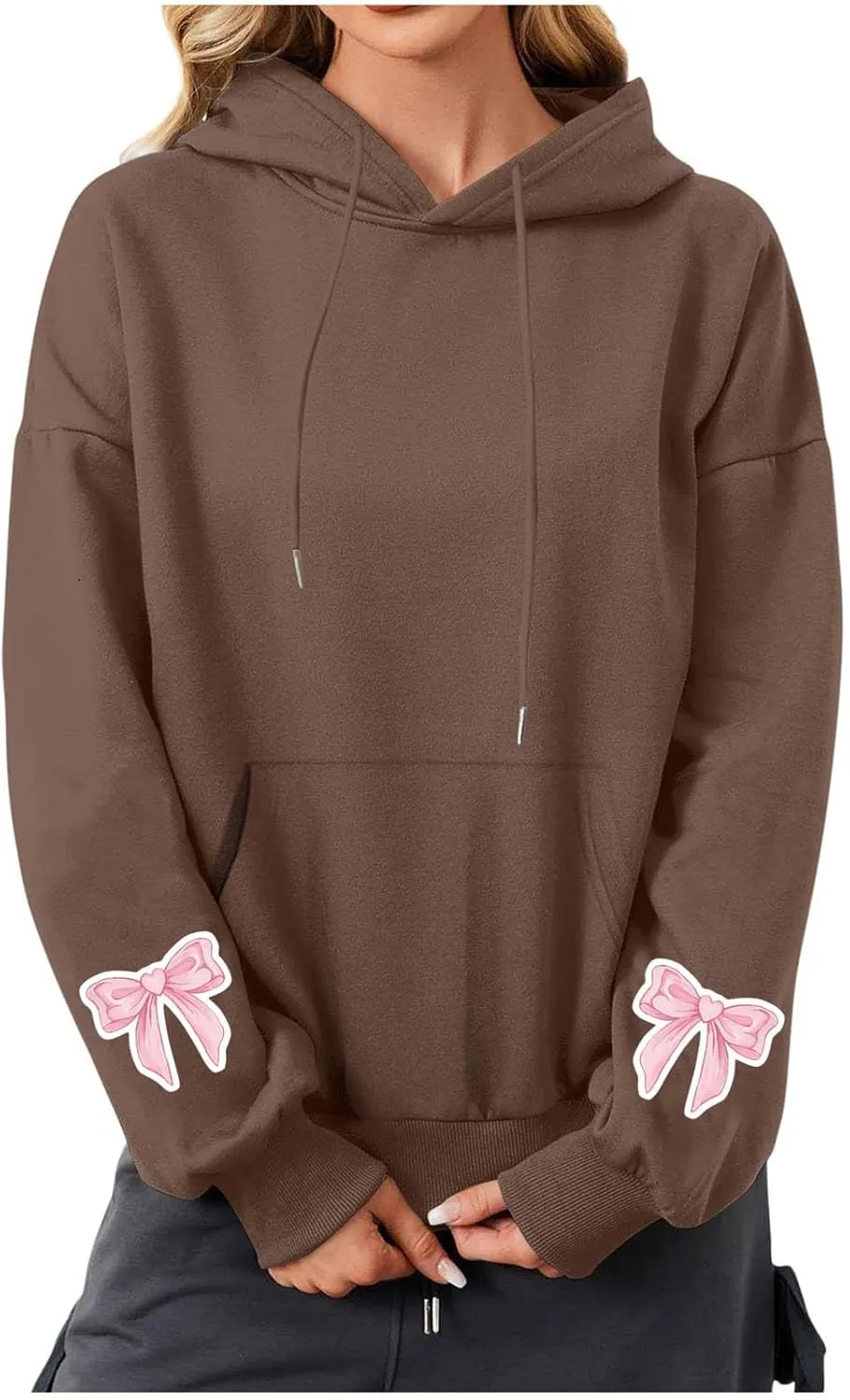 Black Hoodie Women Oversized Relaxed Pink Bow Sleeve Casual Fleece Pullover Hooded Sweatshirt Streetwear Essential