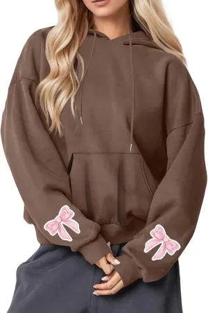 Black Hoodie Women Oversized Relaxed Pink Bow Sleeve Casual Fleece Pullover Hooded Sweatshirt Streetwear Essential