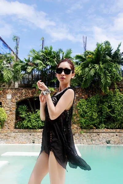 Black Korea Crocheted Beach Cover Smock Dress