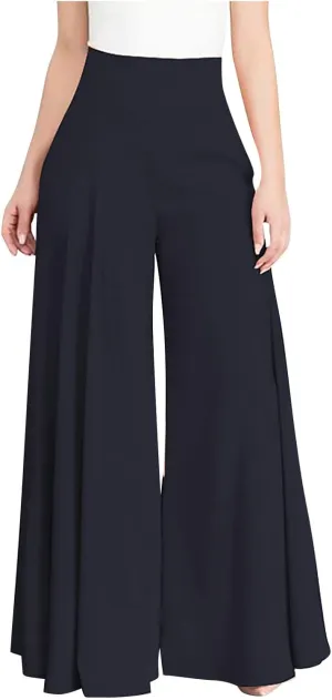 BOXIACEY Wide Leggings for Women Casual Solid Elegant High Waist Pants Stretchy Loose Fit Long Flare Trousers with Pockets