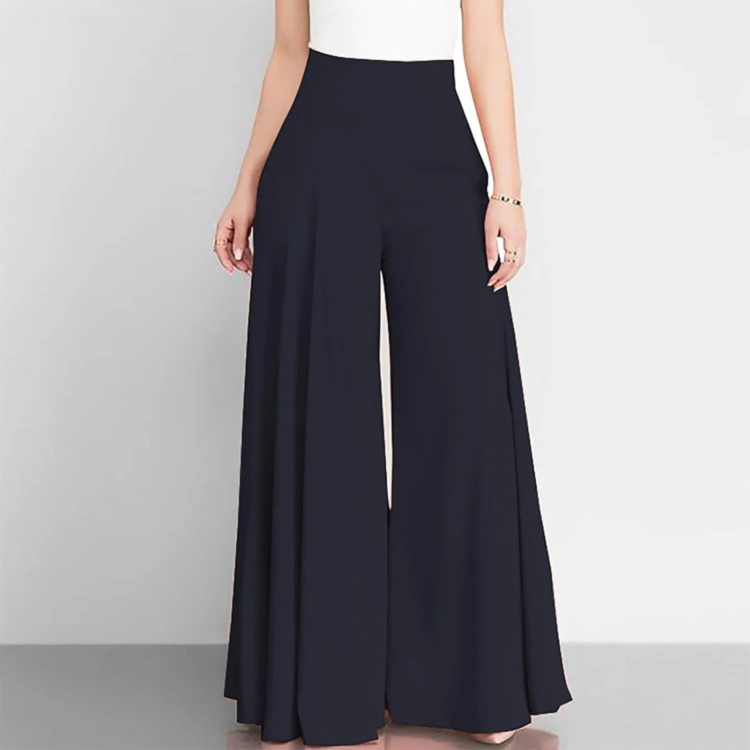 BOXIACEY Wide Leggings for Women Casual Solid Elegant High Waist Pants Stretchy Loose Fit Long Flare Trousers with Pockets