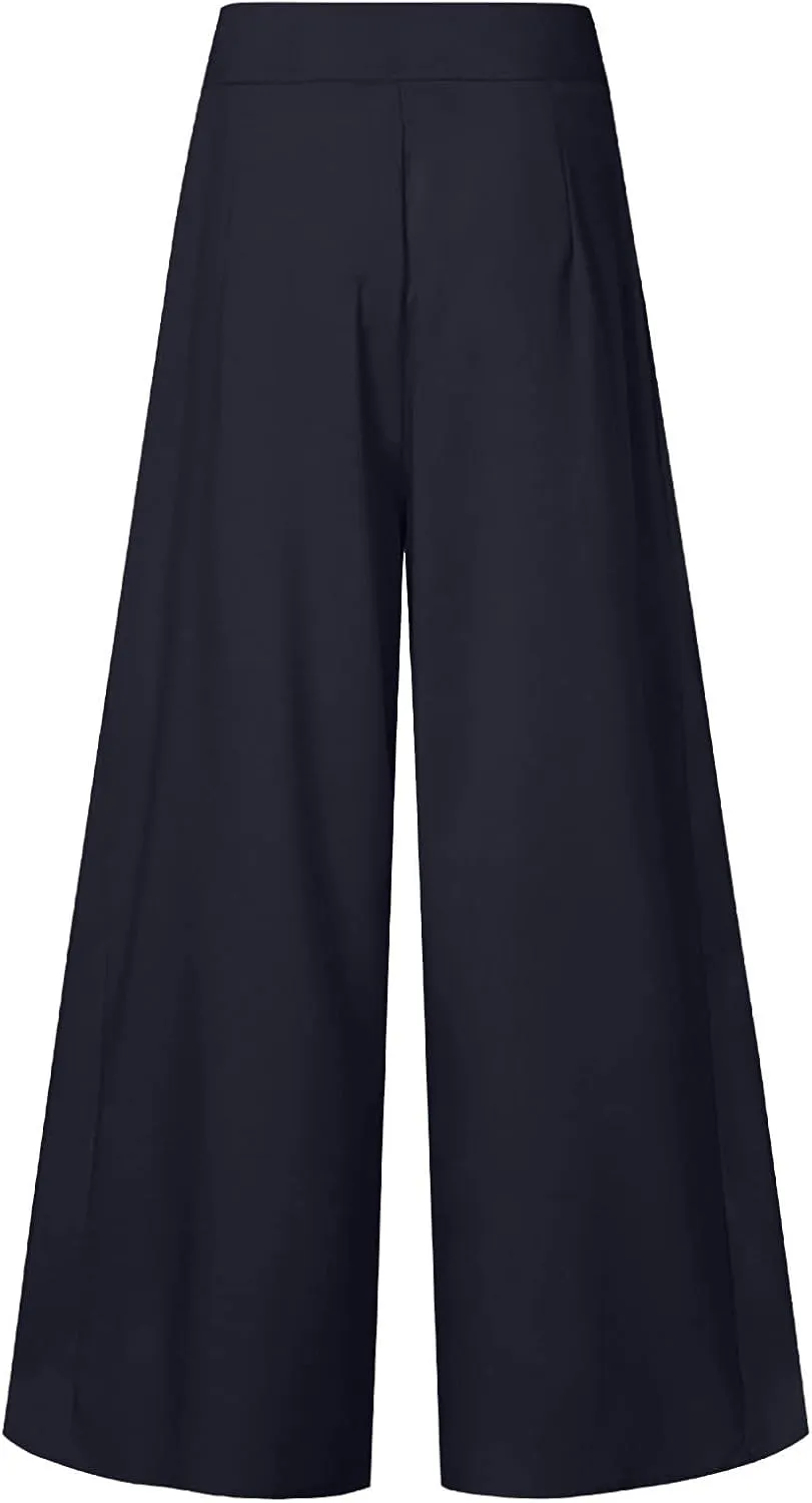 BOXIACEY Wide Leggings for Women Casual Solid Elegant High Waist Pants Stretchy Loose Fit Long Flare Trousers with Pockets